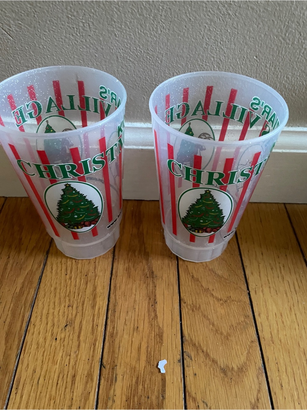 2 Christmas Village Festive Reusable Cups - Clear with Red & Green